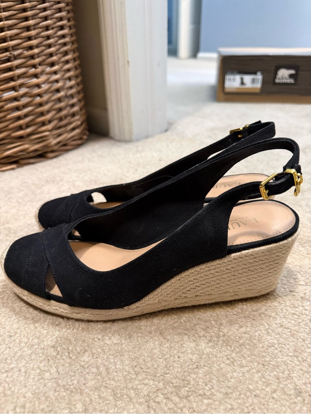 Lauren Ralph Lauren Black Canvas Espadrille Wedge Slingbacks with Gold Buckles